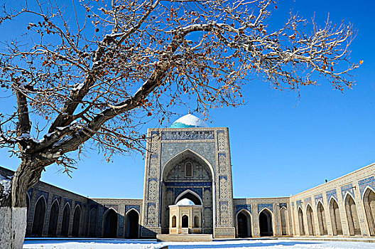 乌兹别克斯坦,布哈拉,室内,院落,清真寺,穹顶,米哈拉布,雪