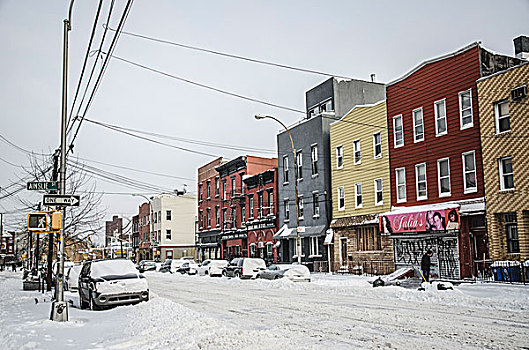 雪,冬天,街道,彩色,建筑,布鲁克林,纽约,美国