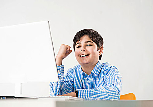 男孩,愉悦,心情,坐,电脑