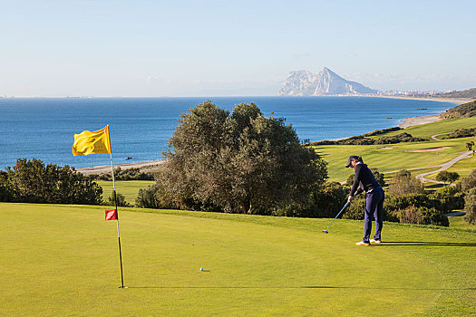 打高尔夫,穿戴,绿色,高尔夫,胜地,地中海,直布罗陀巨岩,安达卢西亚,西班牙,欧洲