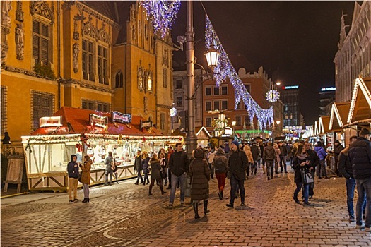 旅游,游览,圣诞市场,老,市场,广场,正面,市政厅,十二月,弗罗茨瓦夫,波兰