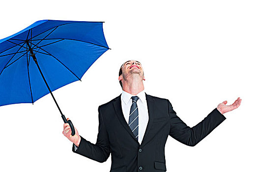 高兴,商务人士,拿着,蓝色,伞,仰视
