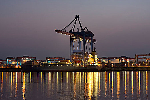 集装箱船,装载,黄昏,集装箱码头,汉堡市,德国,欧洲