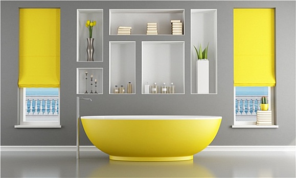 现代,浴室,黄色,浴缸