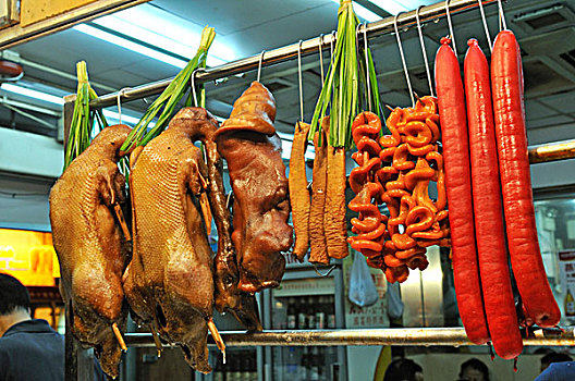 烤,鸭肉,香肠,悬挂,正面,街道,餐馆,香港,中国,亚洲