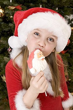 女孩,肖像,圣诞老人,棒棒糖
