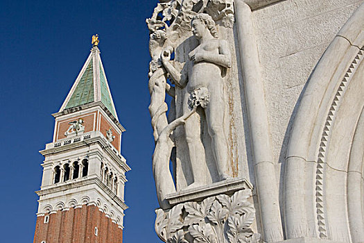 意大利,威尼斯,角,雕塑,宫殿,钟楼