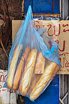 法棍面包,塑料袋,正面,店,市场,万象,老挝