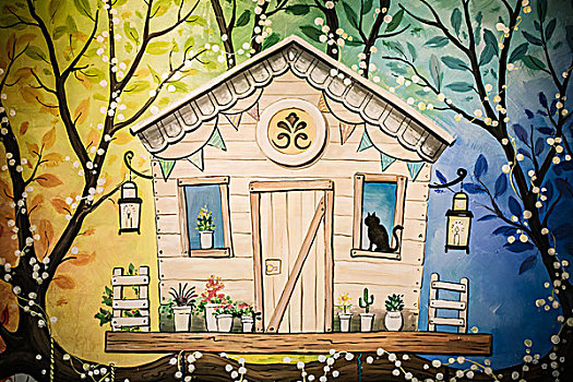 彩色壁画小屋猫植物