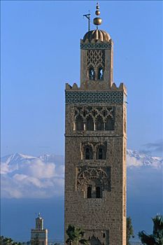 摩洛哥,玛拉喀什,上面,库图比亚清真寺,尖塔,山峦,雪
