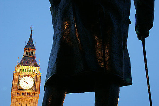 英格兰,伦敦,威斯敏斯特,大本钟,框架,雕塑,丘吉尔
