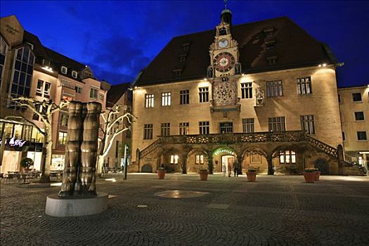 市场,市政厅,夜晚,历史,中心,巴登符腾堡,德国,欧洲