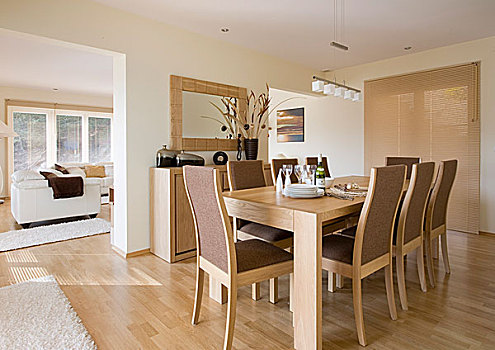 木桌子,椅子,宽敞,现代,餐厅,木地板