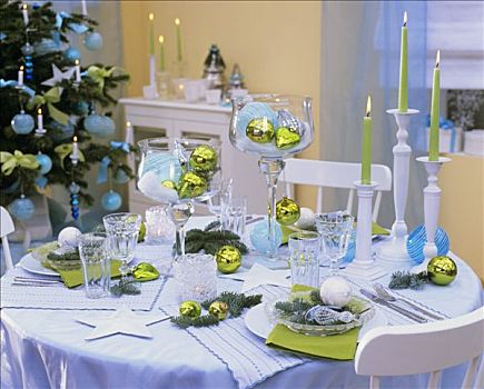 圣诞桌,装饰,蓝色,绿色