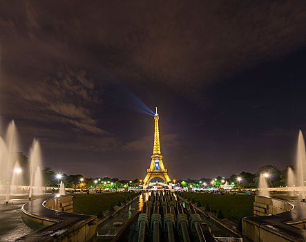 光亮,埃菲尔铁塔,夜晚,喷水池,托泰德豪,旅游,巴黎,法兰西岛,法国,欧洲,重要,码头