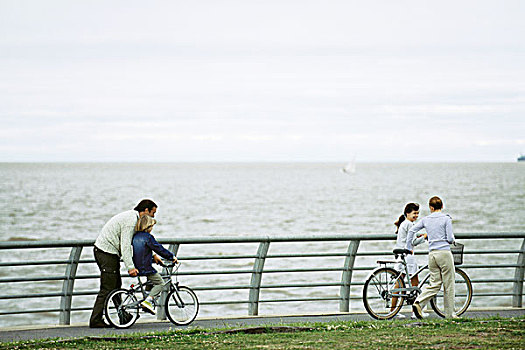 家庭,骑,自行车,一起,海边,公园,父亲,帮助,儿子,学习,乘