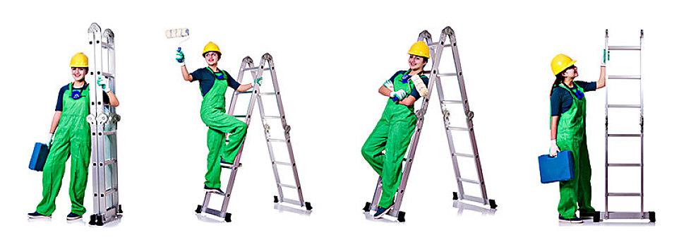女性,建筑工人,梯子