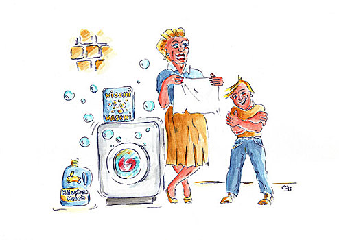 插画,主妇,男孩,机器,洗衣服,绘画,女人,母亲,孩子,自动售货机,清洁,清洁剂,概念,下水道,水,污染