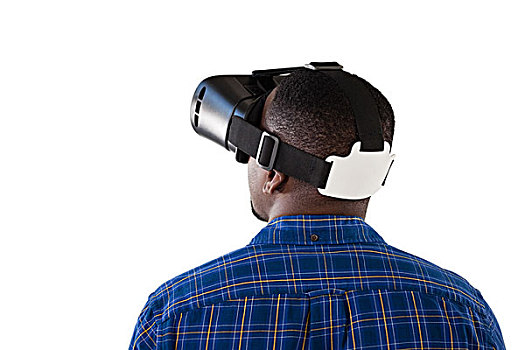 男人,虚拟现实,耳机,后视图,白色背景