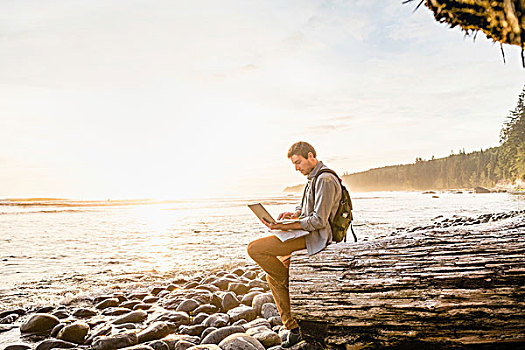 男人,坐,使用笔记本,海滩,胡安德富卡省立公园,温哥华岛,不列颠哥伦比亚省,加拿大