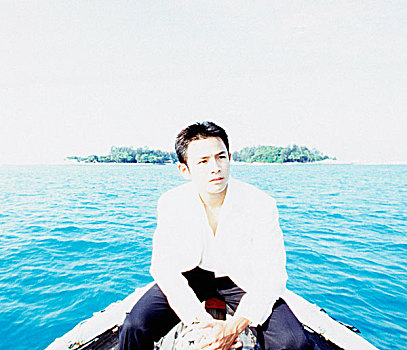 男青年,坐,船,岛屿,背景,头像