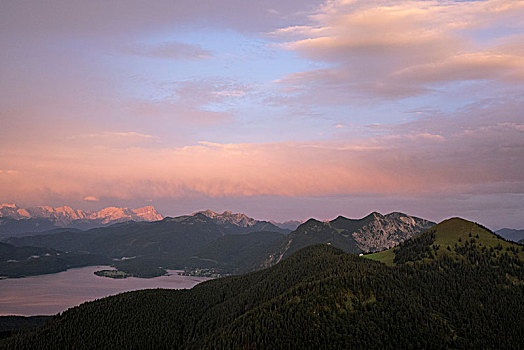 风景,湖,瓦尔幸湖,清晨,巴伐利亚阿尔卑斯山,巴伐利亚,德国
