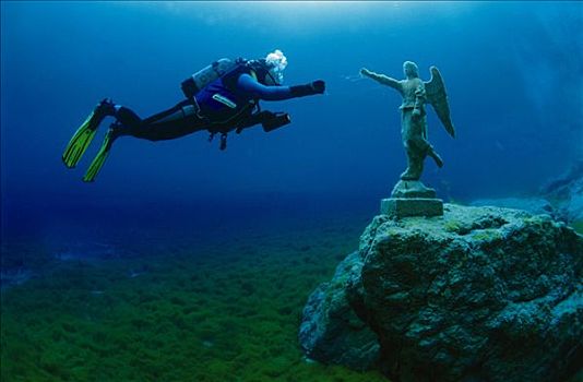 潜水者,高山湖,雕塑,天使