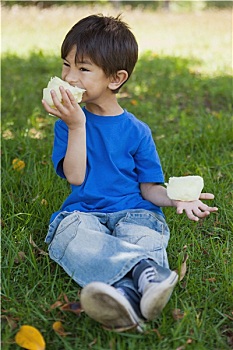 放松,小男孩,吃,棉花糖,公园