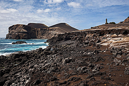 火山地貌,后面,右边,灯塔,岛屿,法亚尔,亚速尔群岛,葡萄牙,欧洲