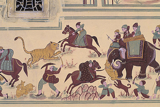 印度,斋浦尔,宫殿,涂绘,墙壁,虎,猎捕,场景