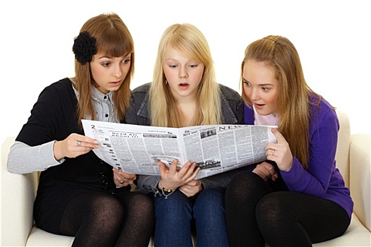 三个,女孩,读报
