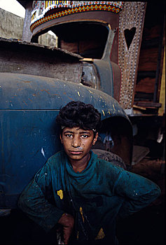 孩子,工作,汽车,工作间,卡拉奇,巴基斯坦