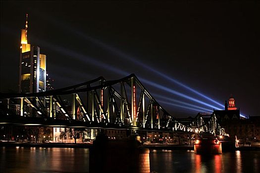 聚光灯,亮光,高处,教堂,干流,桥,2008年,节日,法兰克福,黑森州,德国,欧洲