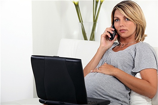 孕妇,坐,沙发,笔记本电脑,电话