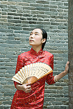 美女,穿,传统,中国人,衣服,拿着,扇子