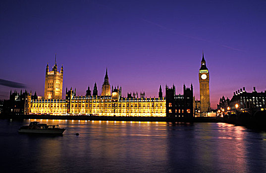 英格兰,伦敦,议会大厦,大本钟,黄昏