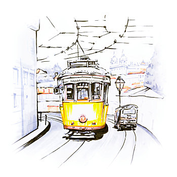 黄色,有轨电车,阿尔法马区,里斯本,葡萄牙