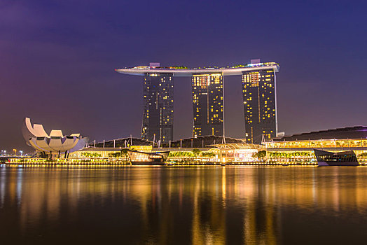 风景,码头,湾,新加坡,夜晚