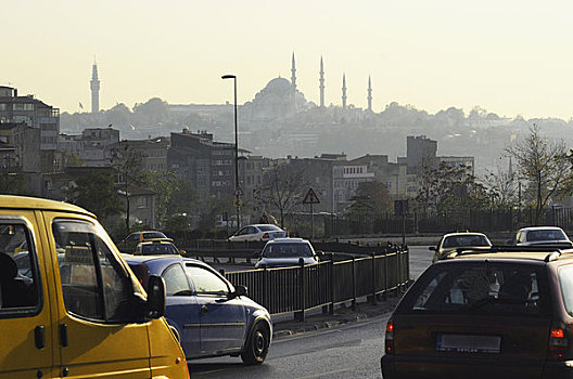 土耳其,伊斯坦布尔,省,城市交通,蓝色清真寺,剪影,背景
