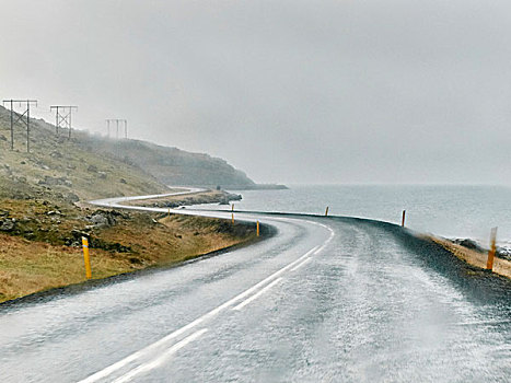 湿,弯曲,沿岸,道路,冰岛