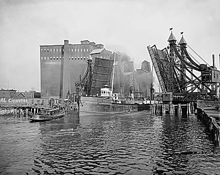 汽船,通过,开合式吊桥,水牛,纽约,美国,底特律,运输,船,历史
