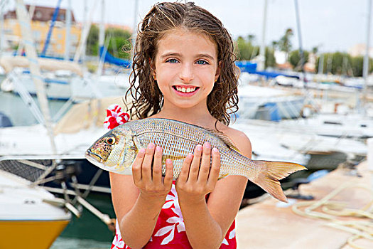 高兴,儿童,女渔者,鱼,抓住,地中海,码头
