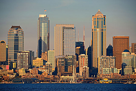 西雅图,日落,市区,摩天大楼,水岸