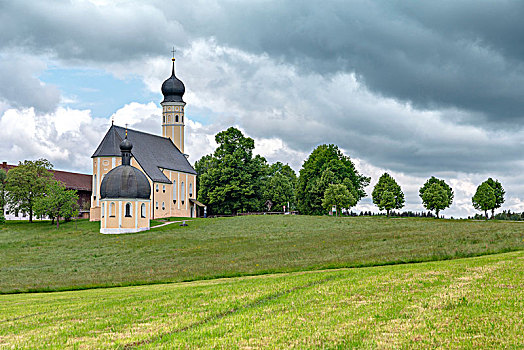 朝圣教堂,绿色,草地,树,晴天,春天,伊尔申伯格,上巴伐利亚,德国