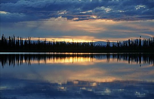 日落,反射,湖,阿拉斯加,美国