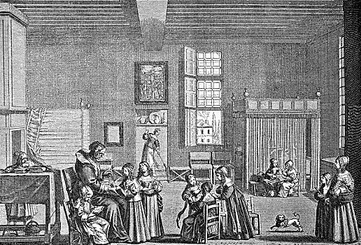 女孩,学校,17世纪,木刻,英格兰