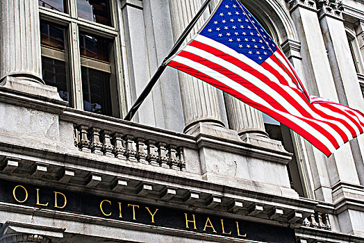 美国国旗,正面,老市政厅,波士顿,美国
