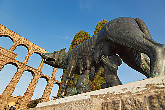 雕塑,吸吮,罗马水道,背景,塞戈维亚,塞戈维亚省,西班牙