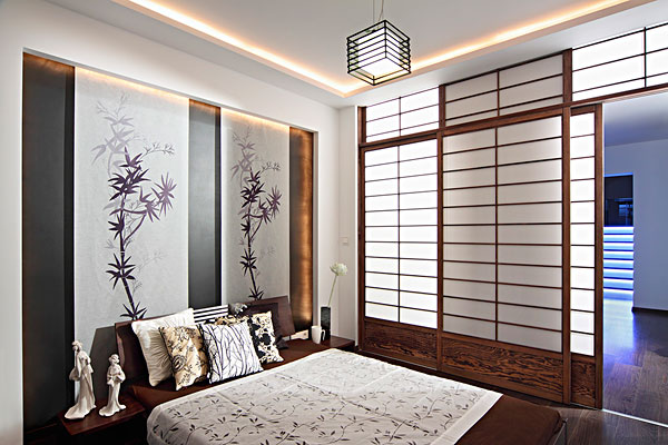 日式,卧室,滑动,日式拉门,墙壁,绘画,竹子,后面,双人床