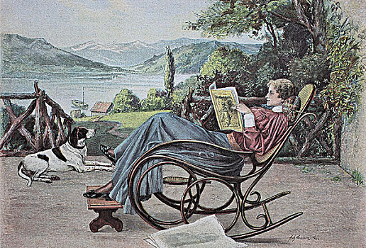 女人,读,报纸,摇椅,木刻,历史,雕刻